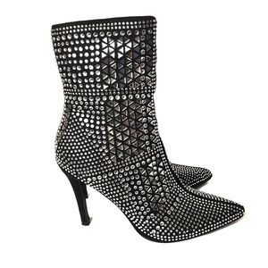 Black Studded Sexy Silver Rhinestone Stiletto Rockabilly Ankle Boots Size 7